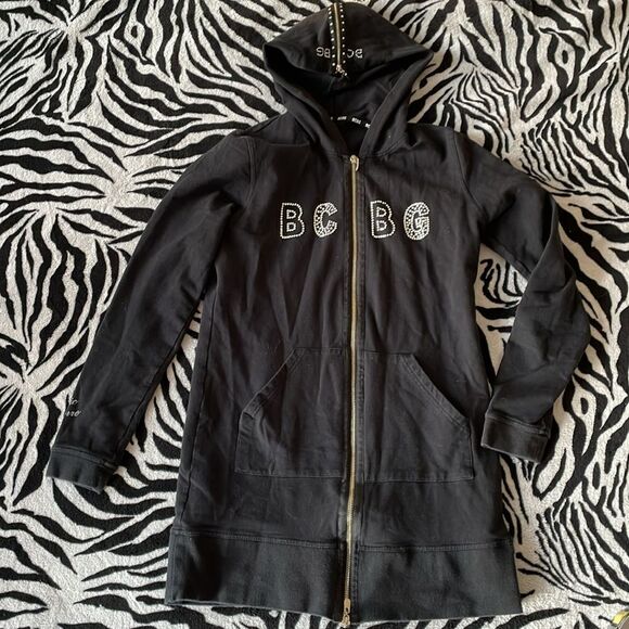 BCBG Dresses & Skirts - BCBG rhinestone bedazzled jeweled black long sleeve sweater hoodie dress Y2K